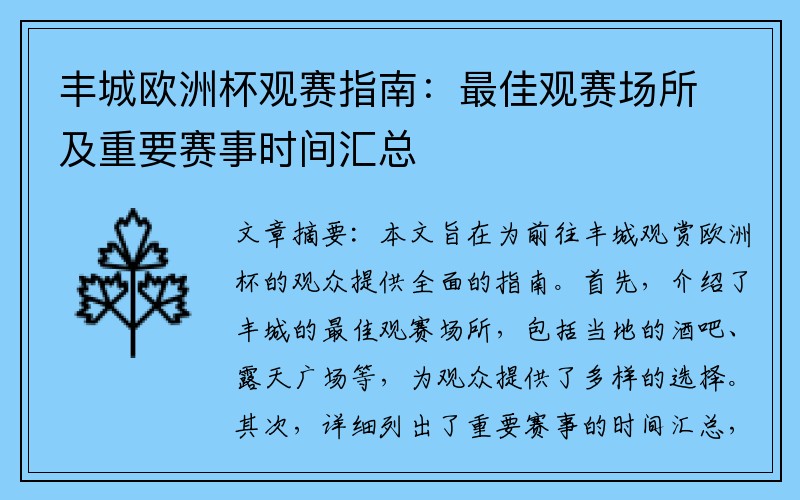 丰城欧洲杯观赛指南：最佳观赛场所及重要赛事时间汇总